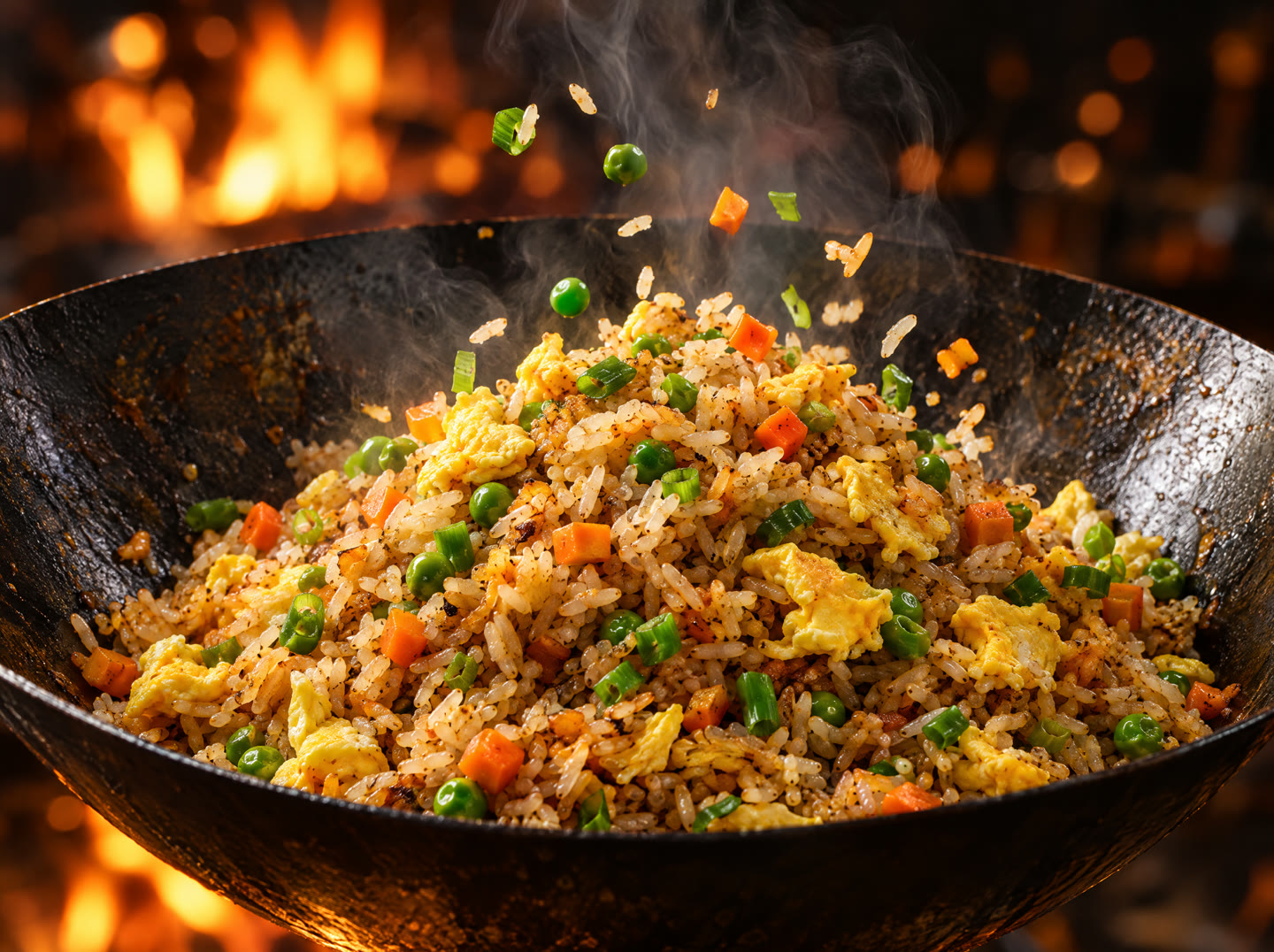 A wok piled with fried rice, egg, carrots, and peas